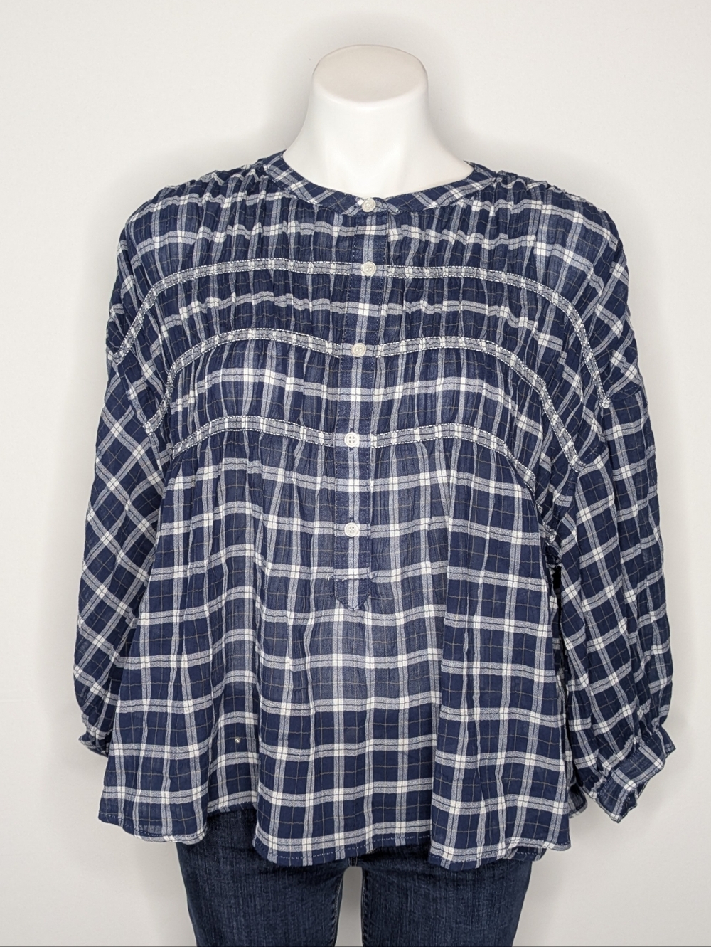 NWT Max Studio Blue White Yellow Sheer Gauze Woven 1/2 Button Up Blouse L